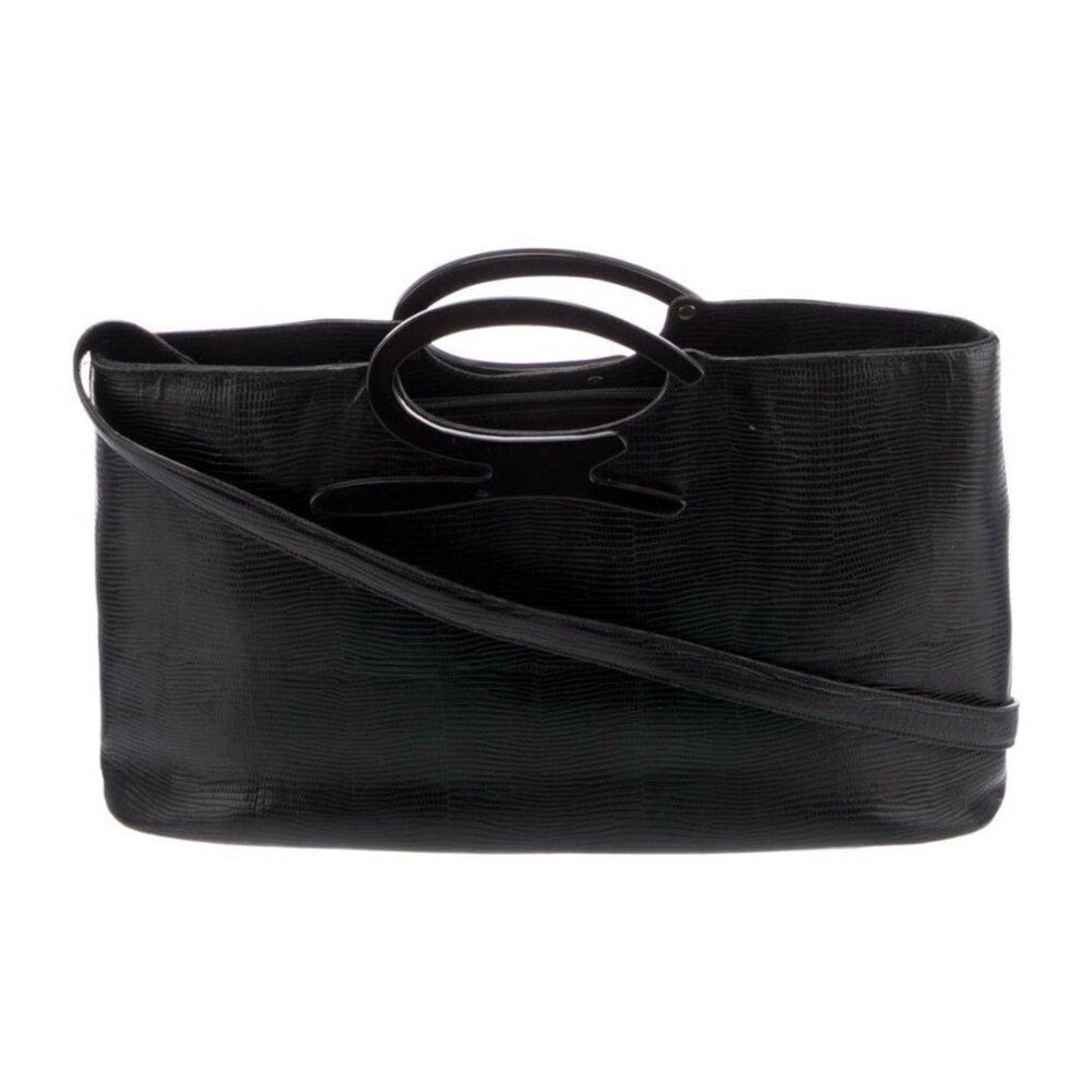 genny italy Authentic Lizard Leather Solid Black Shoulder Bag